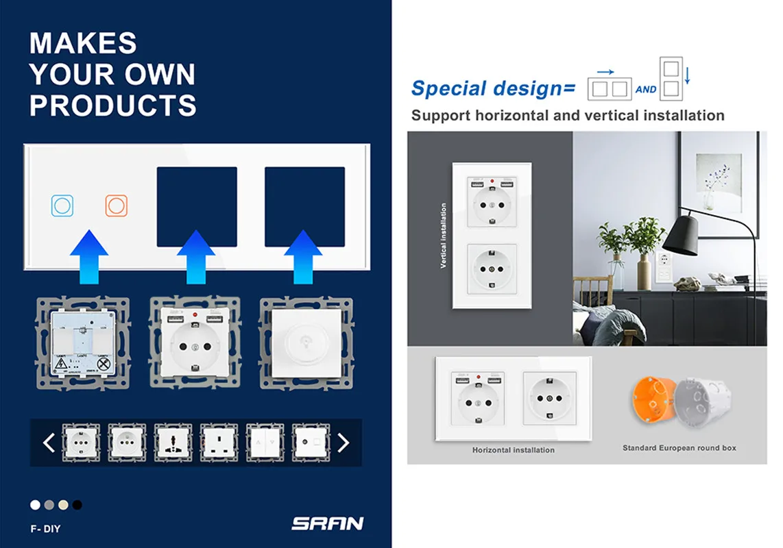 SRAN EU FR sockets and switch black tempered glass panel, Usb socket Rj45, TV, Satellite Wall Outlets module DIY