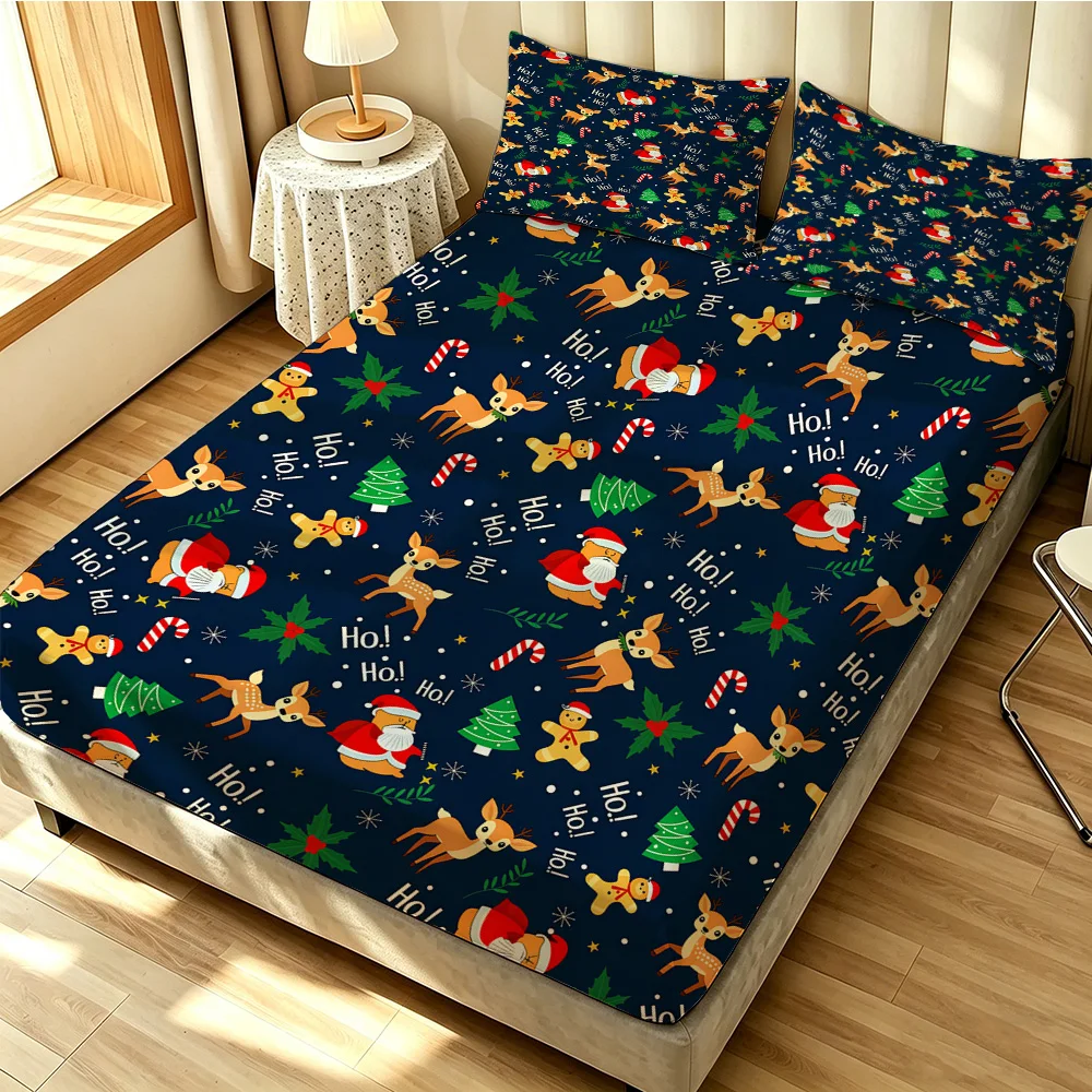 90G 3-Piece Bedding Set 1 Fitted Sheet + 2 Pillowcases Christmas Reindeer Elk Pattern Soft Microfiber Bed Sheet Set for Holid