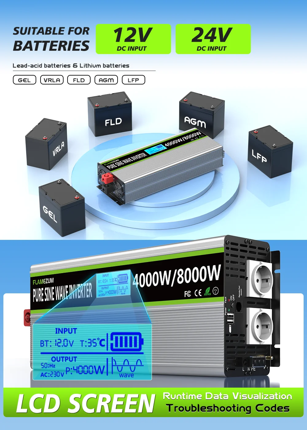 8000 W Solar-Wechselrichter DC 12 V/24 V zu AC 230 V reiner Sinus-Wechselrichter-Konverter mit RC und Dual-USB-Autolade-Wechselrichter – Detail 3