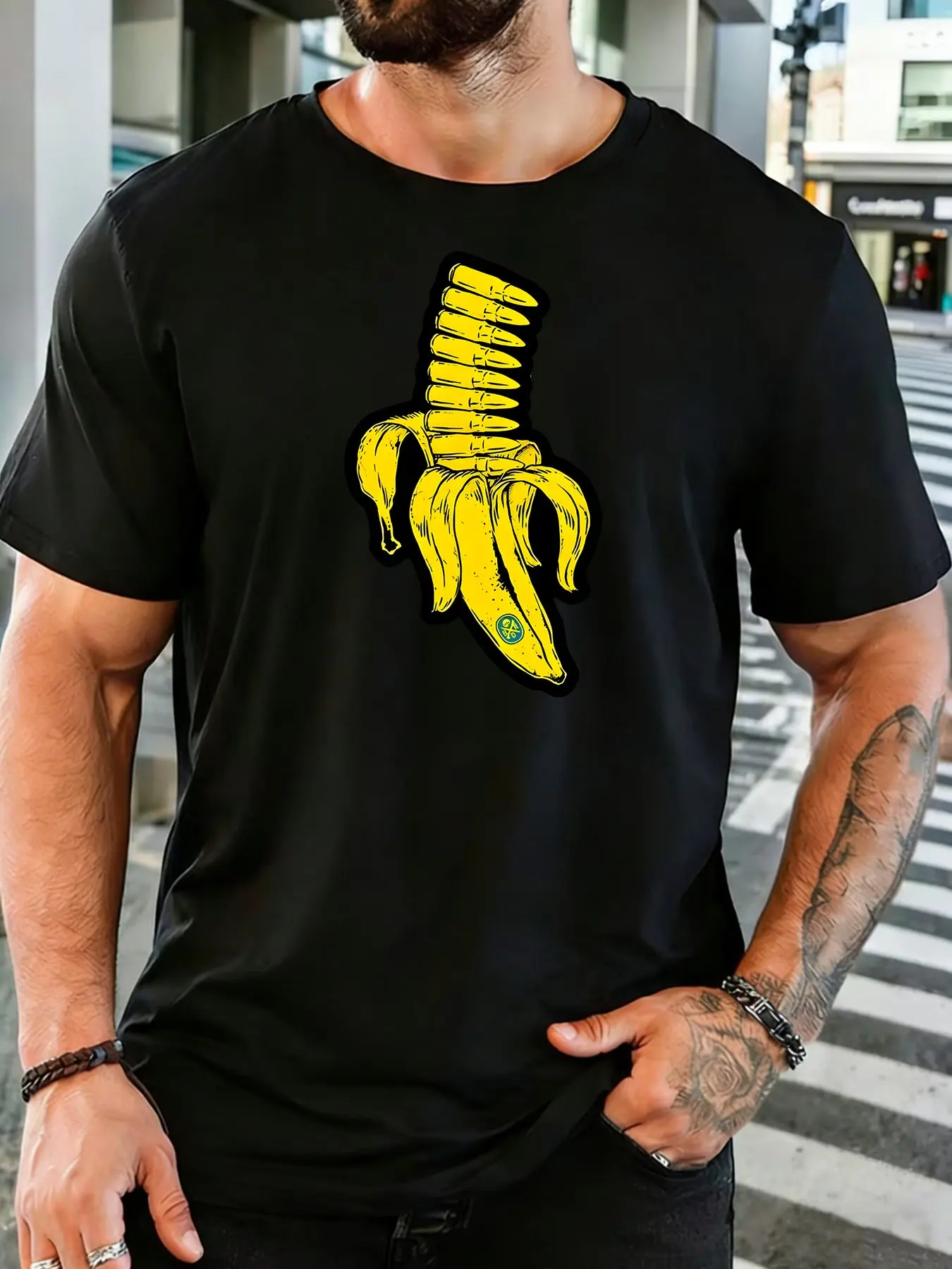 Vintage Mens Soft Cotton Tee Cool Bullet Inside Banana Surreal Print Alternative Urban Crew Neck Short Sleeve T Shirt For Guys