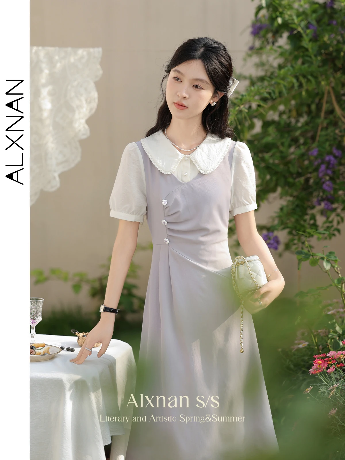 

ALXNAN Patchwork Short Sleeve 2 in 1 Dresses Women 2024 Summer Button Up Ruched Midi A-line Peter Pan Collar Female Dress L35607