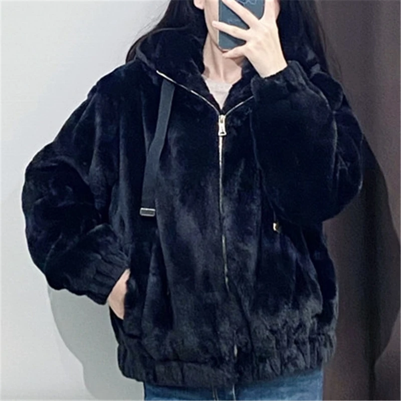 Causal Women Black Faux Fur Coats 2023 Fashion Ladies Zipper Jackets Streetwear Female Thick Hooded OuterCoat Chic Girl Coat