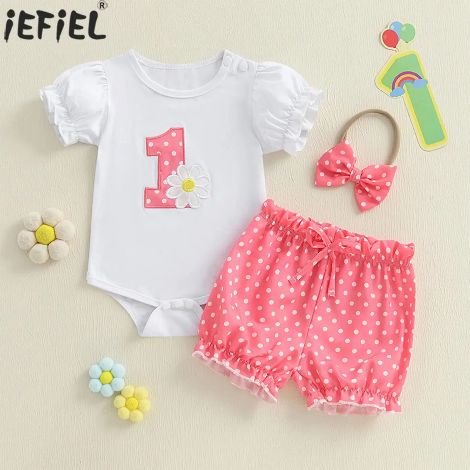 

Baby Girls 1st Birthday Outfits Short Puff Sleeves Embroidery Romper with Printed Shorts Headband Summer Holiday Party Clothes