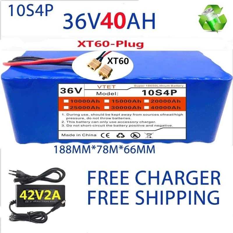 2024 New 36V  XT60 10S4P 40Ah Battery Pack 1000W High Power Battery High Quality 18650 Battery BMS+42V Charger DIY Production