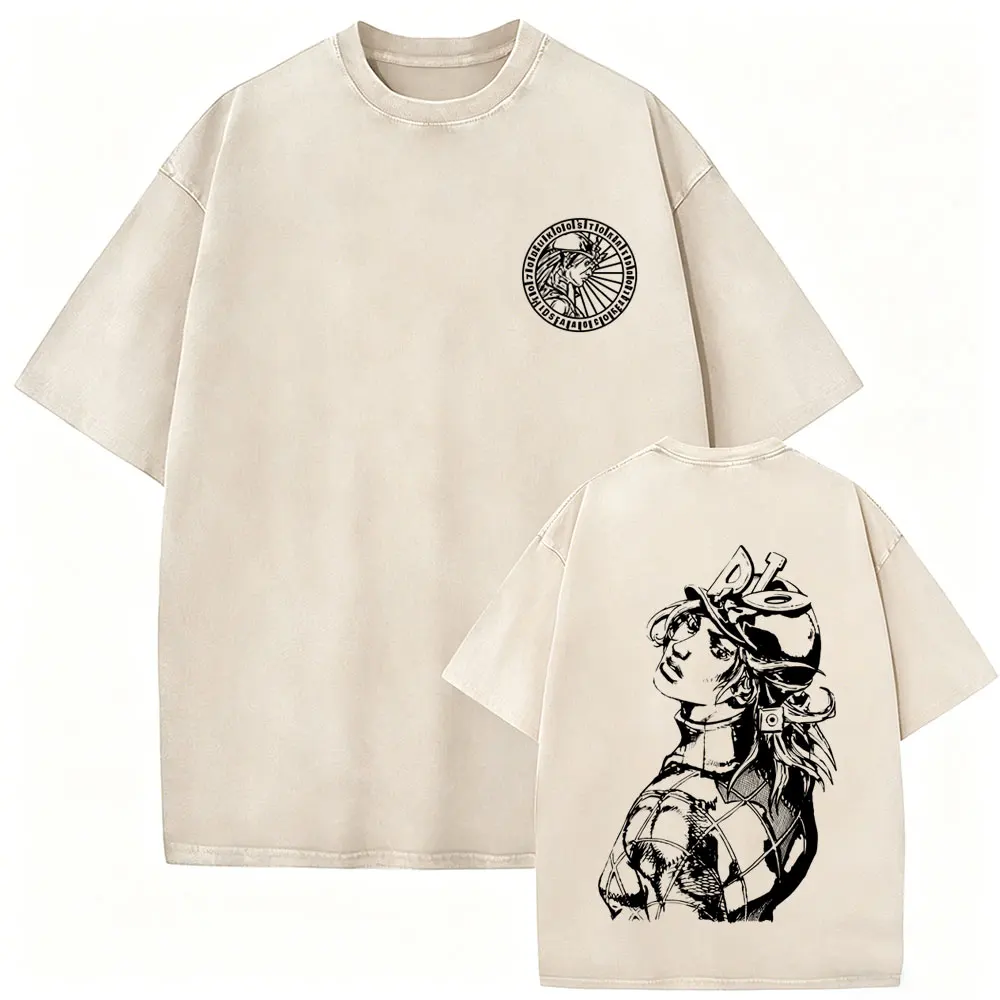 Gewaschene Vintage Anime Jojo Bizarre Adventure Steel Ball Run T-Shirts Retro Manga Gyro Zeppeli T-Shirt Herren Lässiges Oversize-T-Shirt – Detail 4