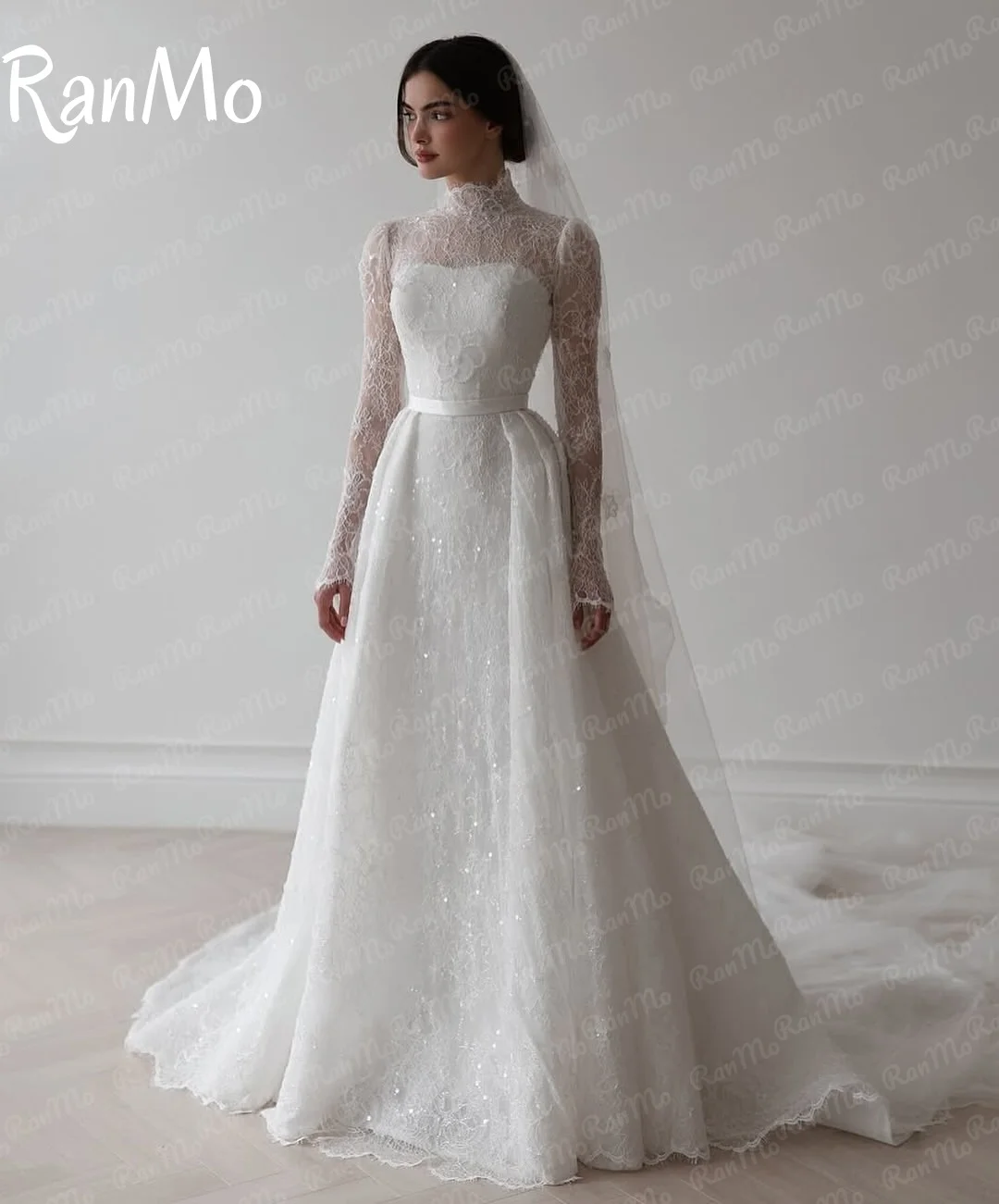 Ranmo 2025 Luxury New Beads Lace A-line Wedding Dresses Long Sleeve  High Neck White Bridal Gowns vestidos de novia Customized