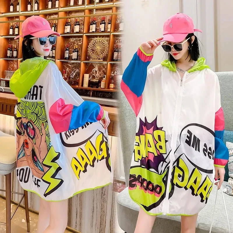 Sunscreen clothing For women Loose Medium long Summer Korean version Loose Thin Print Hooded Jacket Suitable Travel Beach Wear