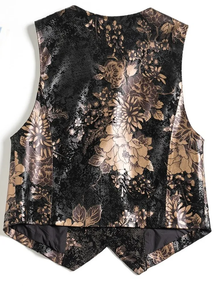 Retro Style Female Printed Color V-Neck Genuine Leather Vest Slim Single Breasted Sleeveless Handmade Sheepskin Outerwear 4XL