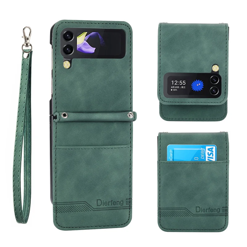 Flip Leather Phone Case For Samsung Galaxy Z Flip 4 3 5G Case Luxury Skin Sensation Wallet Card Cover Strap