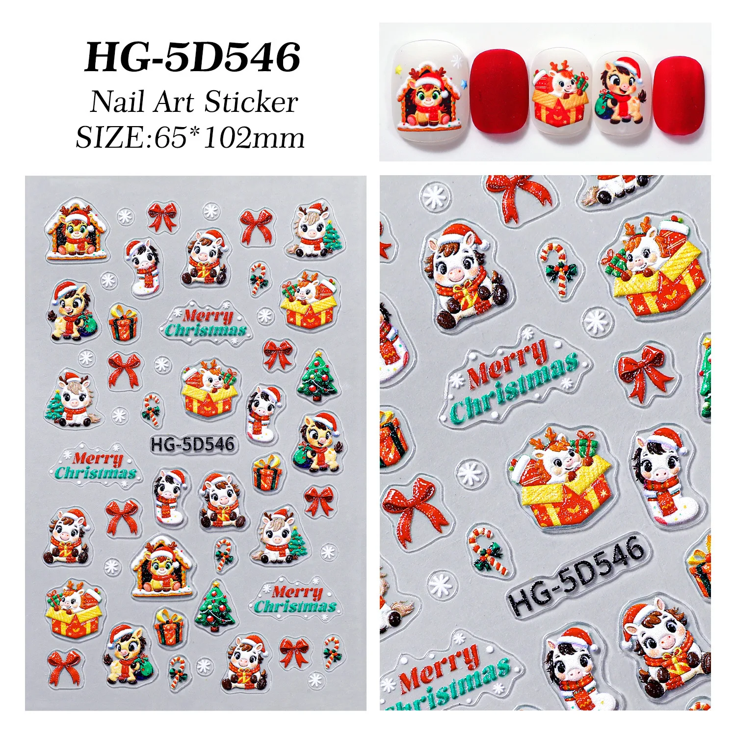 Pegatinas de uñas de unicornio y copo de nieve, animales de dibujos animados 5D, caballos de Navidad, pegatinas autoadhesivas para decoración artesanal, regalo para niña