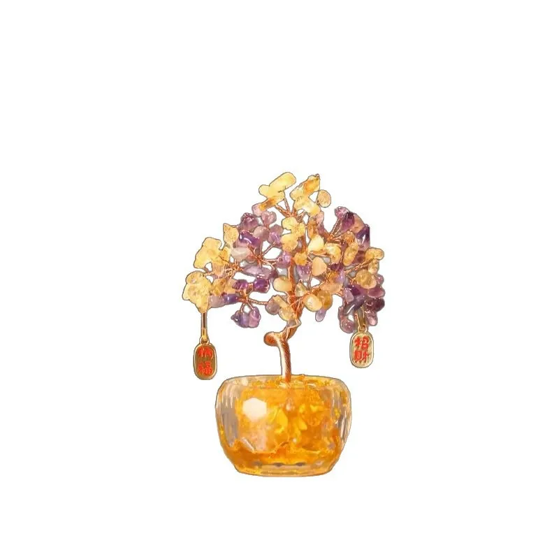 Natural Crystal Money Tree God of Wealth Statue Feng Shui Office Workstation Entrance Desktop Decor Ornament Lucky Gift