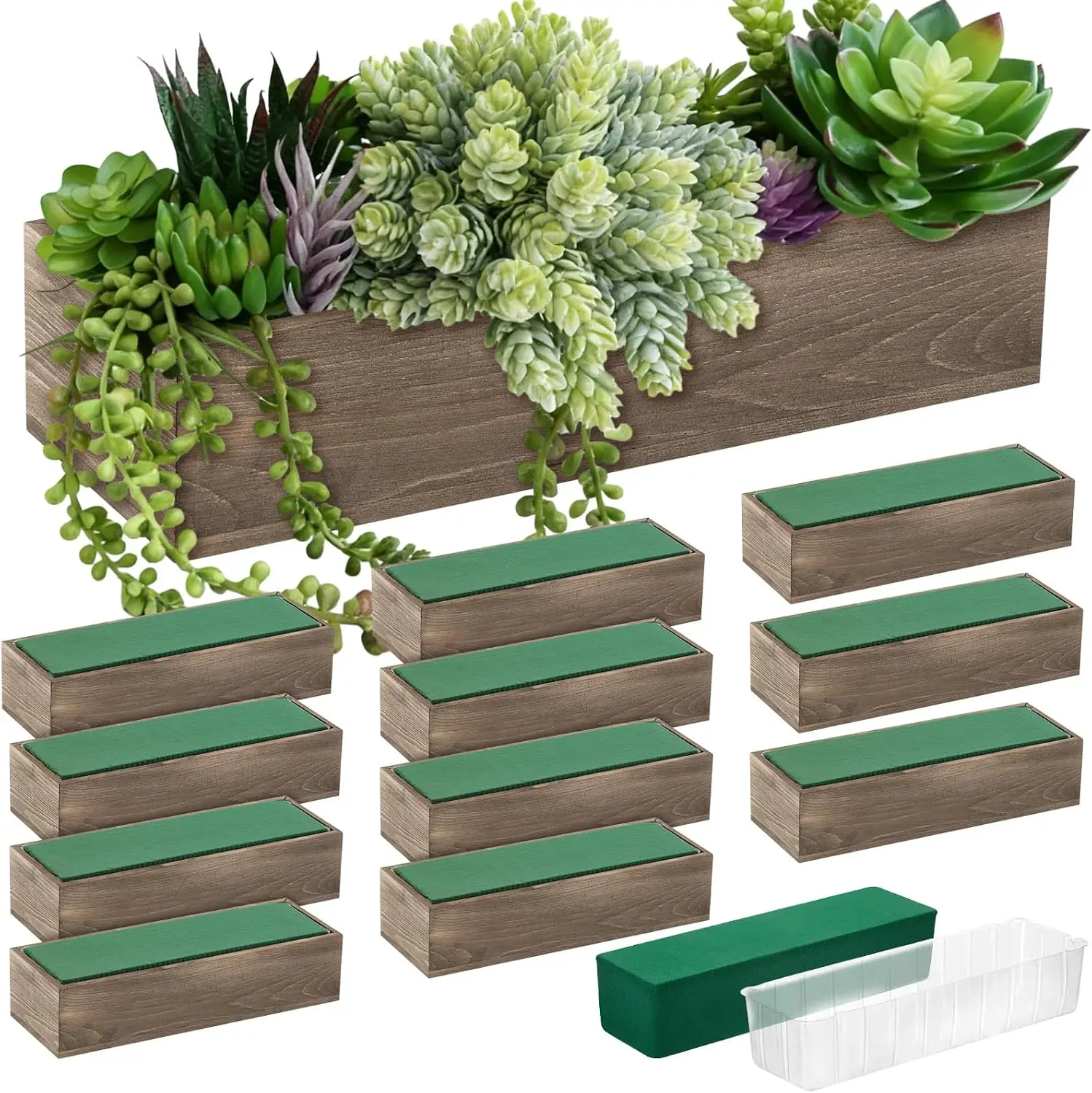 12 Set Wood Boxes for Centerpieces 12x4 Inch Rectangle Wooden Planter Box Rustic Wooden Planters with Removable Plastic Liner Fl