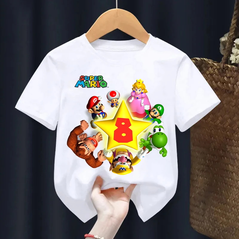 Super Mario T-shirts for Children Birthday Number 1-10 Kids T-Shirts Boys Girls Short Sleeves Tops 2024 Baby Summer Clothes