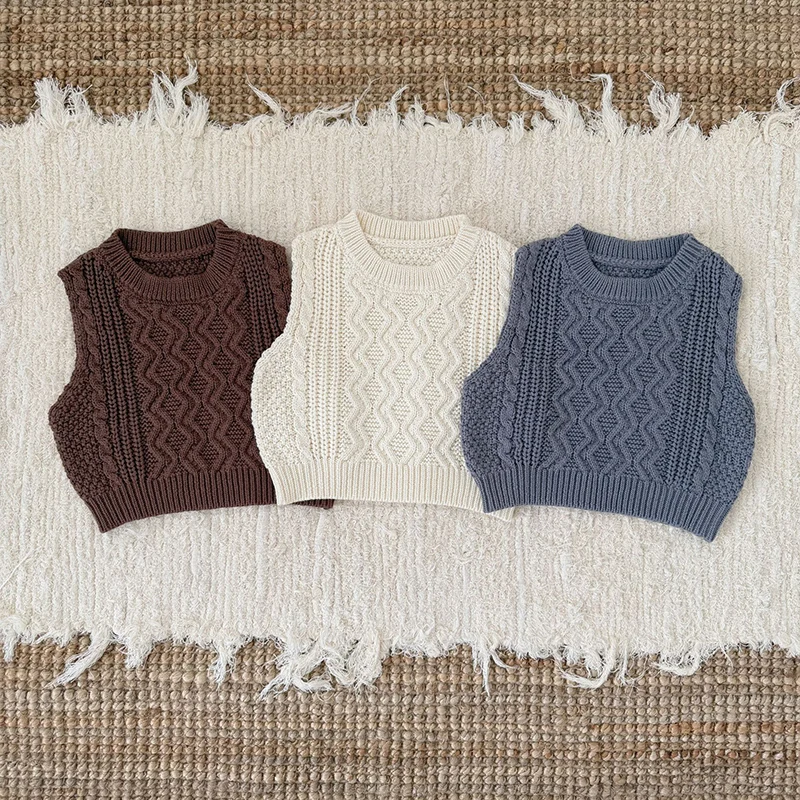 ربيع جديد 2026 ملابس أطفال من عمر 0 إلى 3 سنوات سترة حياكة للأطفال الأولاد والبنات سترة لحديثي الولادة بدون أكمام بلون واحد #3