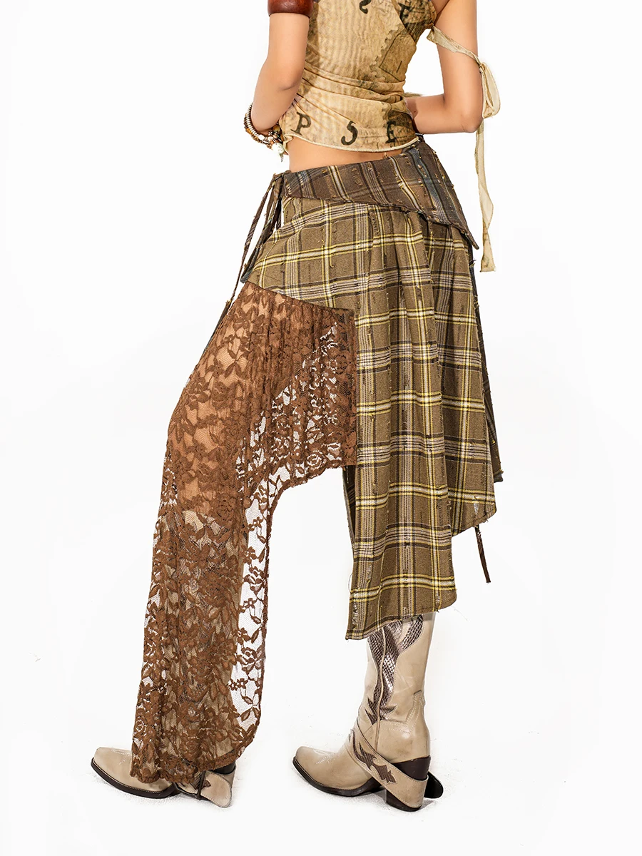 

Retro Wandering Style Lace Plaid Skirt Women's Wasteland Hot Girl Irregular Patchwork