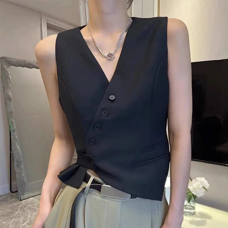 Elegant Black Blazer Vest Women Asymmetrical Crop Suit Waistcoat Jackets V Neck Sleeveless Coat Korean Hollow Out Outwears Tops