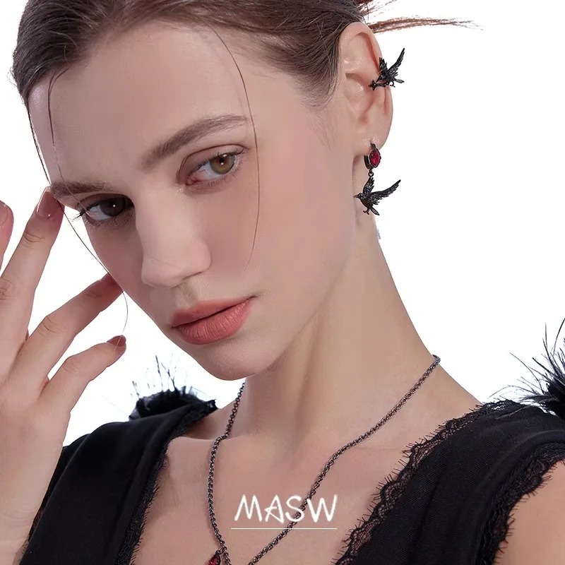 MASW Original Design Hiphop Cool Hot Girl Style Red Flower Black Bird Clip Earrings For Women Party Gift Fashion Jewelry