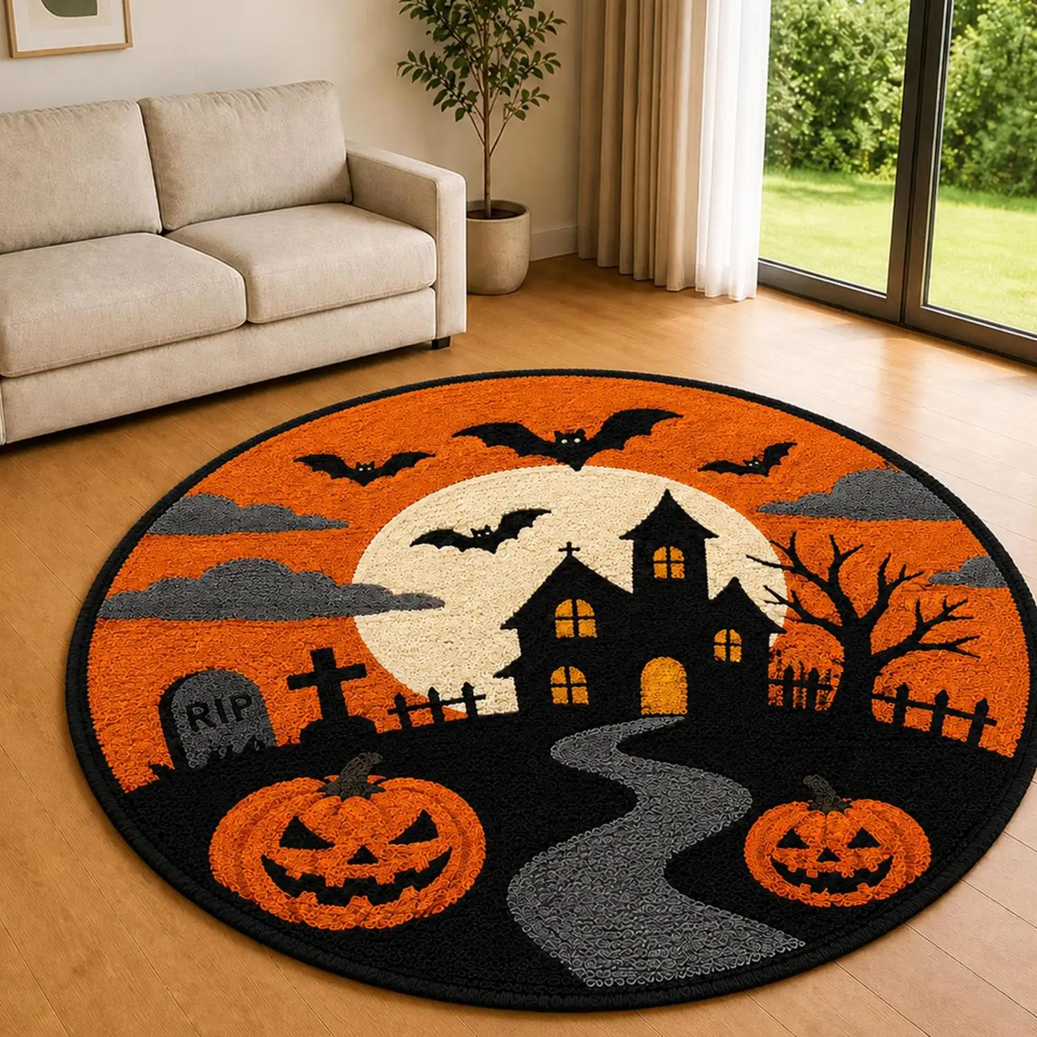 【Room Decoration Carpet】Halloween Pumpkin Theme Round Carpet, Home Decoration, Haunted House Carpet