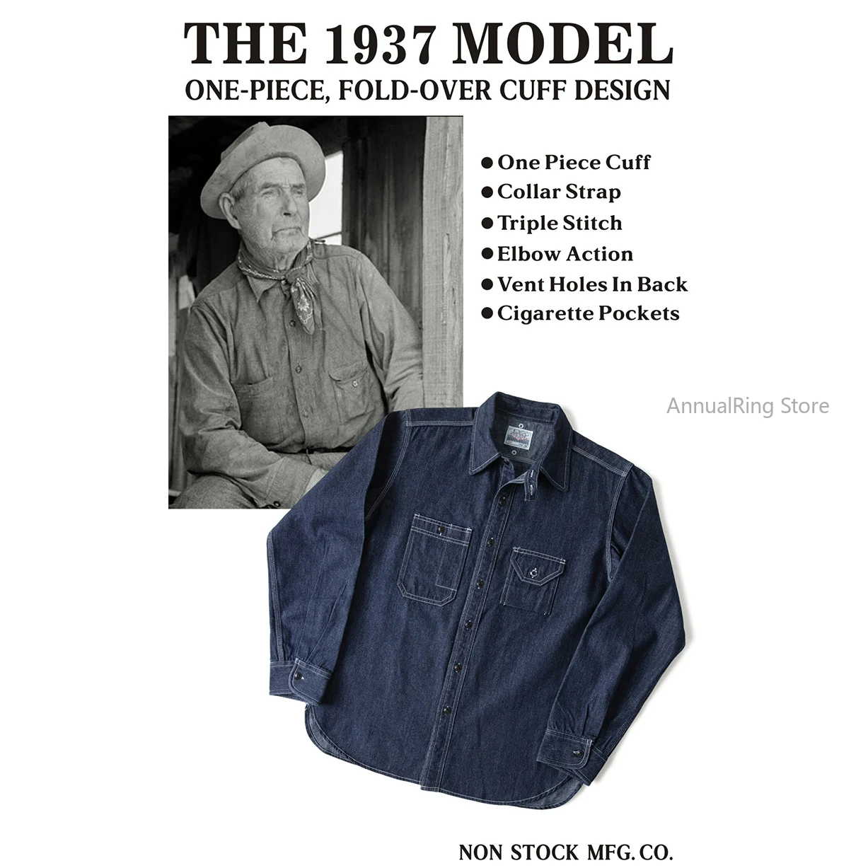 NON STOCK  BIG YANK 1937 Three-pin Denim Tooling Shirt Amekaji 1937 0ne Piece Cuff Model Workshirts