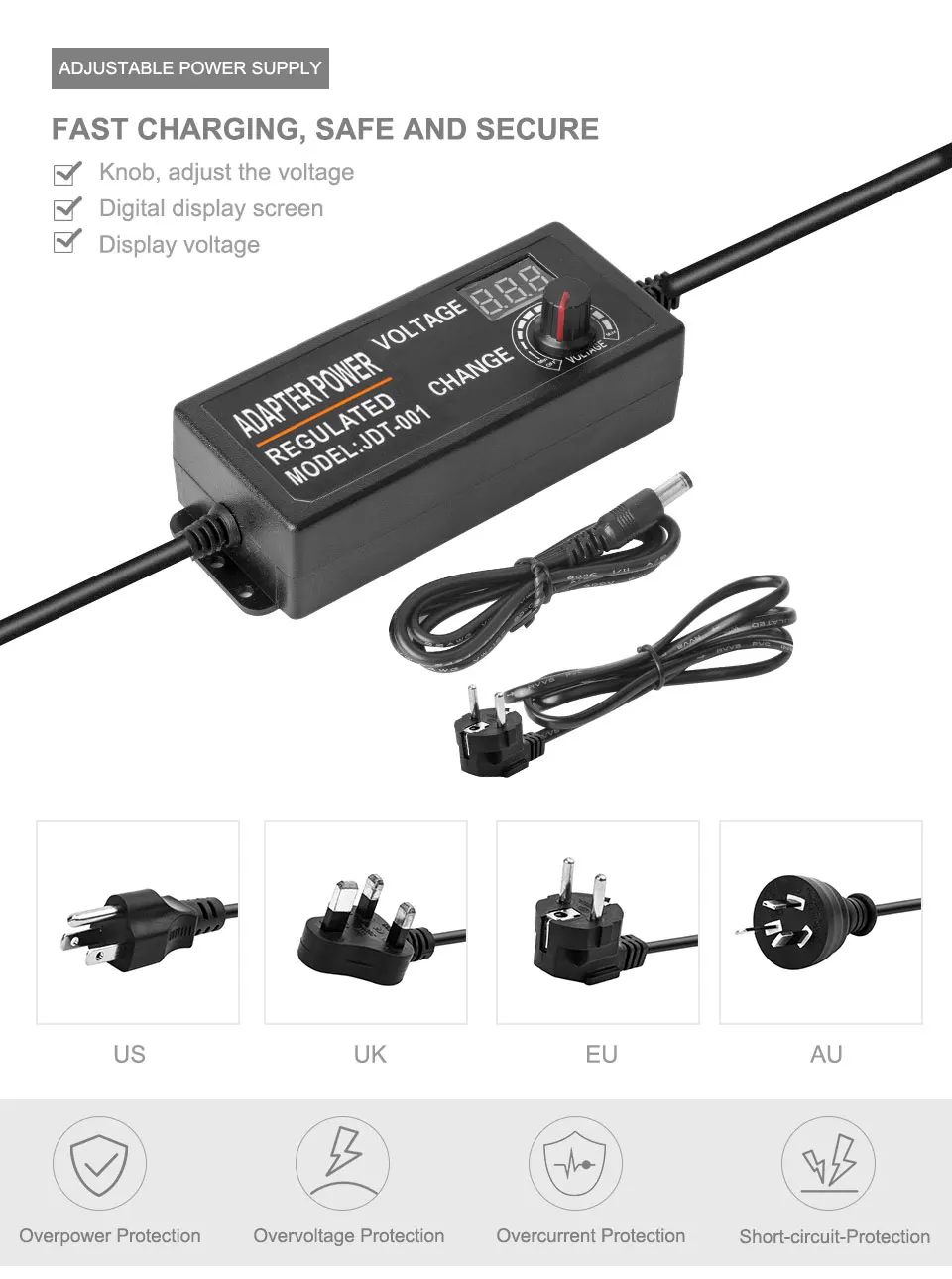 Universal Adjustable AC to DC 3V-12V 3V-24V Switching Adapter Display Screen Voltage Regulated Power Supply for LED Strip Light