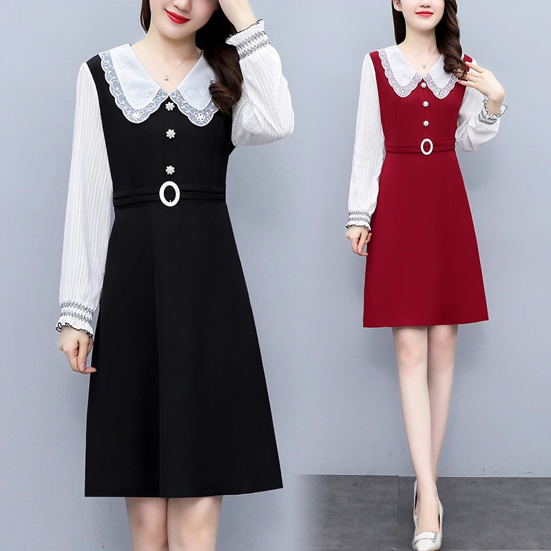 French Peter Pan Collar Patchwork False 2 Pieces Women Dress 2023 New Long Sleeve Slim Female Oversize Dresses Top Quality