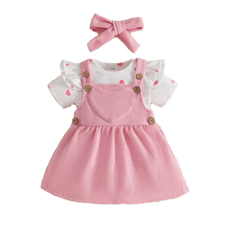 

0-18 Months Newborn Baby Girl Clothing 3Piece Outfits Short Sleeve Heart Print Bodysuits+Spaghetti-Strap Skirt+Headband Summer