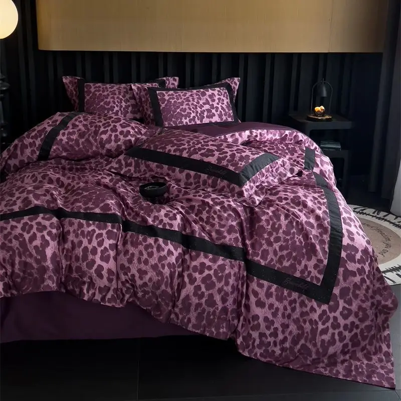 1000TC Egyptian Cotton Luxury Purple Brown Leopard Print Bedding Set Queen King Duvet Cover Set Flat/Fitted Bed Sheet Pillowcase