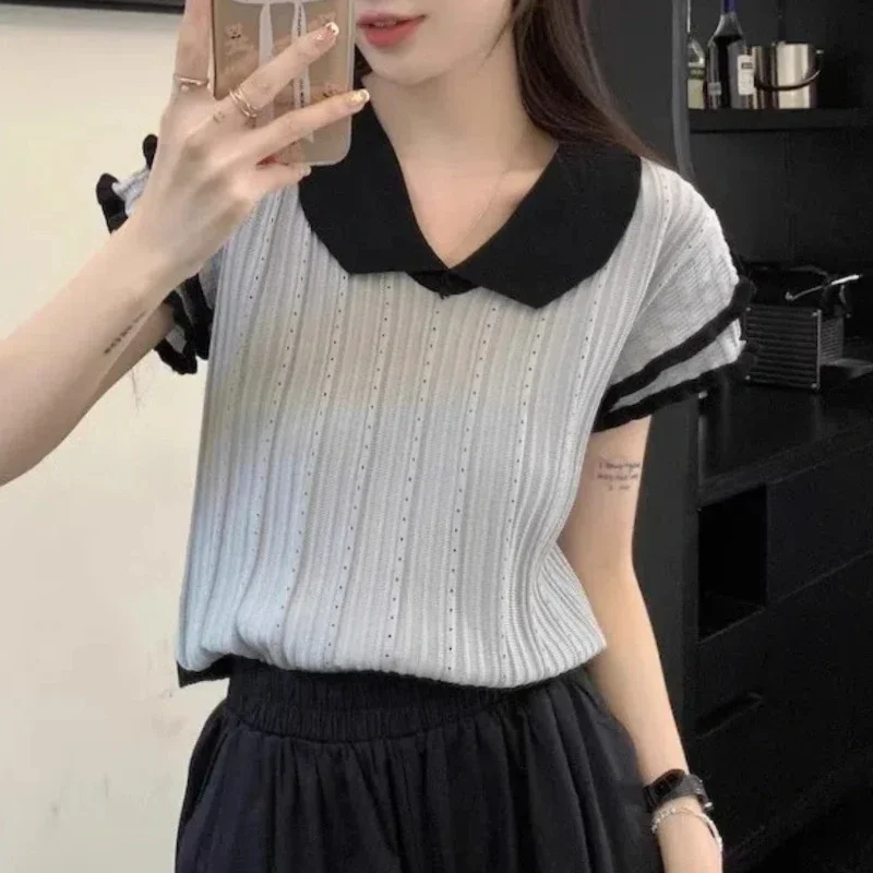 Summer New Casual Loose Short Sleeve Knitted Top Color Contrast Flying Sleeve Temperament