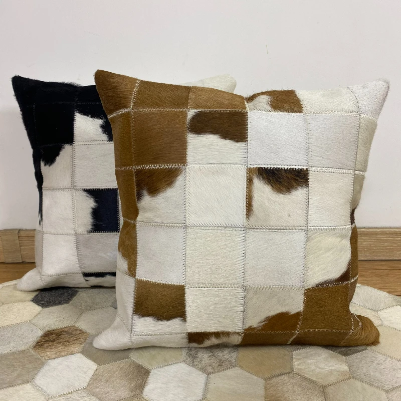 Nodic Style Brown and White Plaid Cowhide Cushion Cover Throw Pillow Cover for Living Room Bedroom Sofa Leather Pillow Case