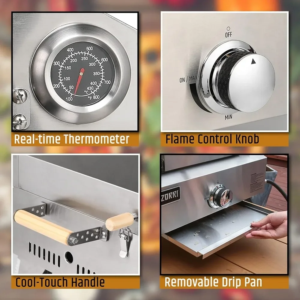 Horno y parrilla portátil para pizza de propano con piedra de 13 pulgadas, termómetro, para acampar, cocinar en el patio