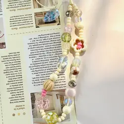 Y2K Spring Beaded Rope For Phone Charm Strap Keychain Wristband Cute Leaves Flower Pendant Landyard Girl Women Jewelry Gifts