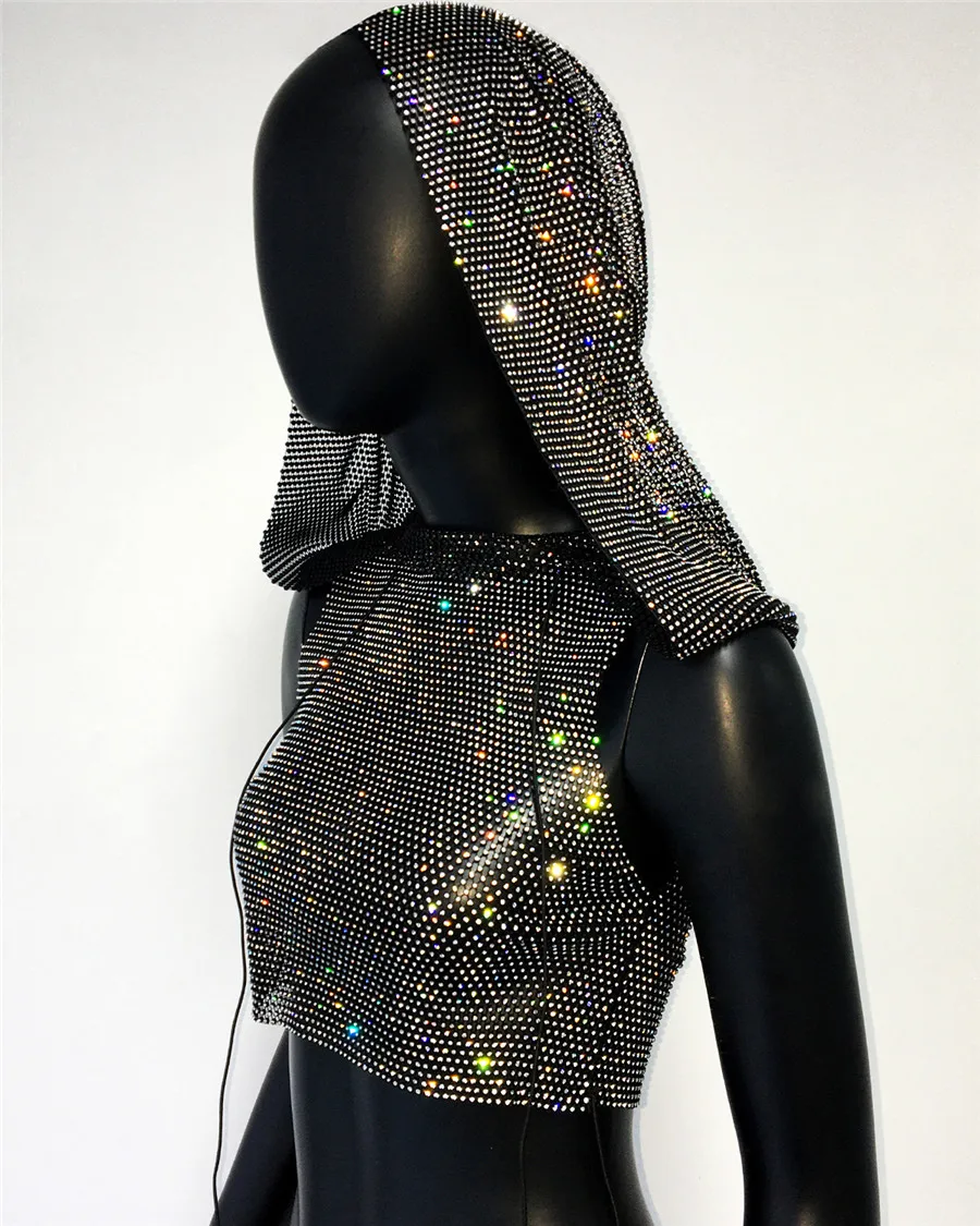 Sparkly Crystal Sheer Mesh Hooded Camisloe per le donne Fashion Tees Festival femminile Rave Nightclub Sexy canotta senza maniche nuovo