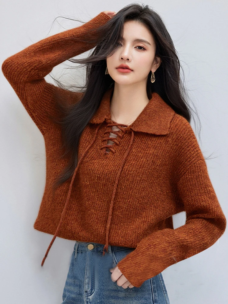 

Вязаный свитер свободного кроя для женщин, весна-лето-осень-зима, повседневный стиль, с воротником-стойкой на завязках, цветной, женский топ