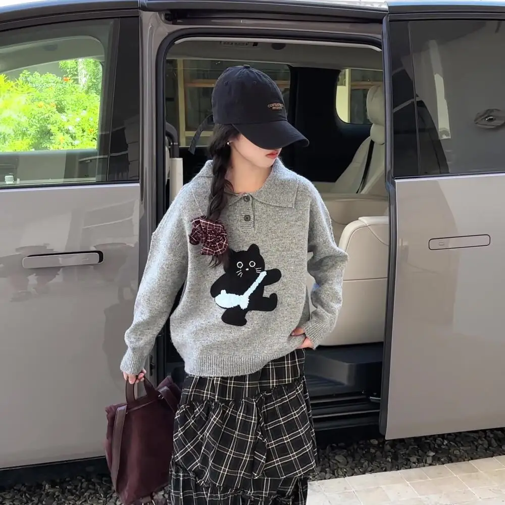 

Kawaii модный теплый свитер с лацканами для девочек, нижний слой, рубашка для студентов, осенне-зимний повседневный трикотаж, топы, детская одежда