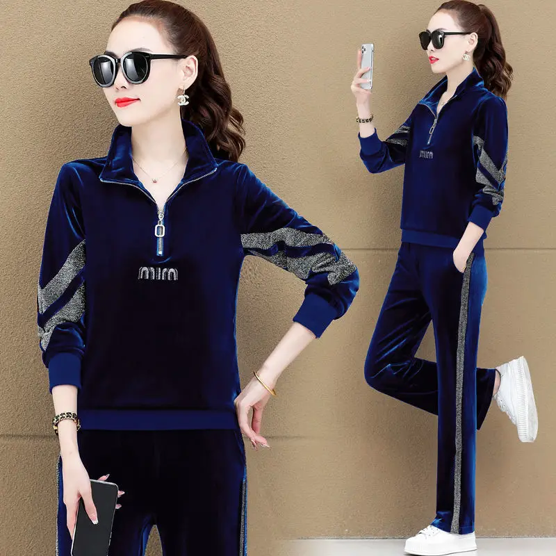 Golden Velvet Sportswear Set Women's Fashion Stand Up Collar Age Reducing Hoodie Wide Leg Pants Two Piece Set