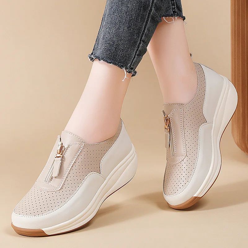 

New Round Toe Thick Sole Lightweight Casual Fashion Walking Shoes Comfortable Zipper Spring/Summer Running Sneakers Women