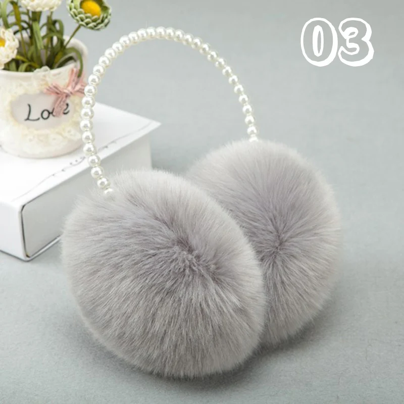 Super Soft Imitation Rabbit Hair Earmuffs Pearl Headband Girls Women Winter Plush Earflap Pink/White Cold Protection Ear Warmer