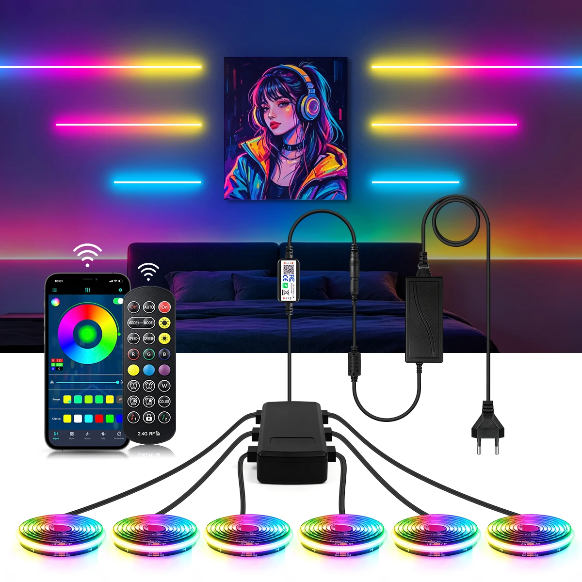 12V RGBIC COB LED Light Strip Acoustic Panel Lighting Music Sync Chasing Tape,For Gameroom Bedroom Wall Ambinet Decor,US/UK/EU