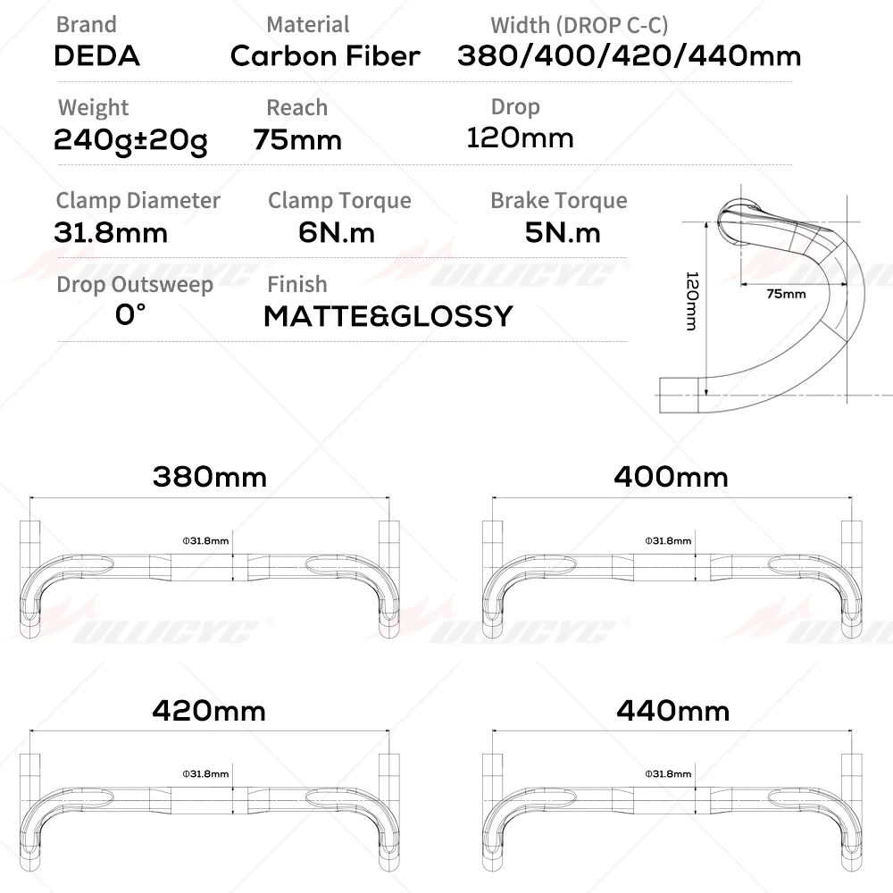 DEDA Road Bicycle Carbon Handlebar Cycling Bike Parts Road Handlebars 380/400/420/440mm External Routing