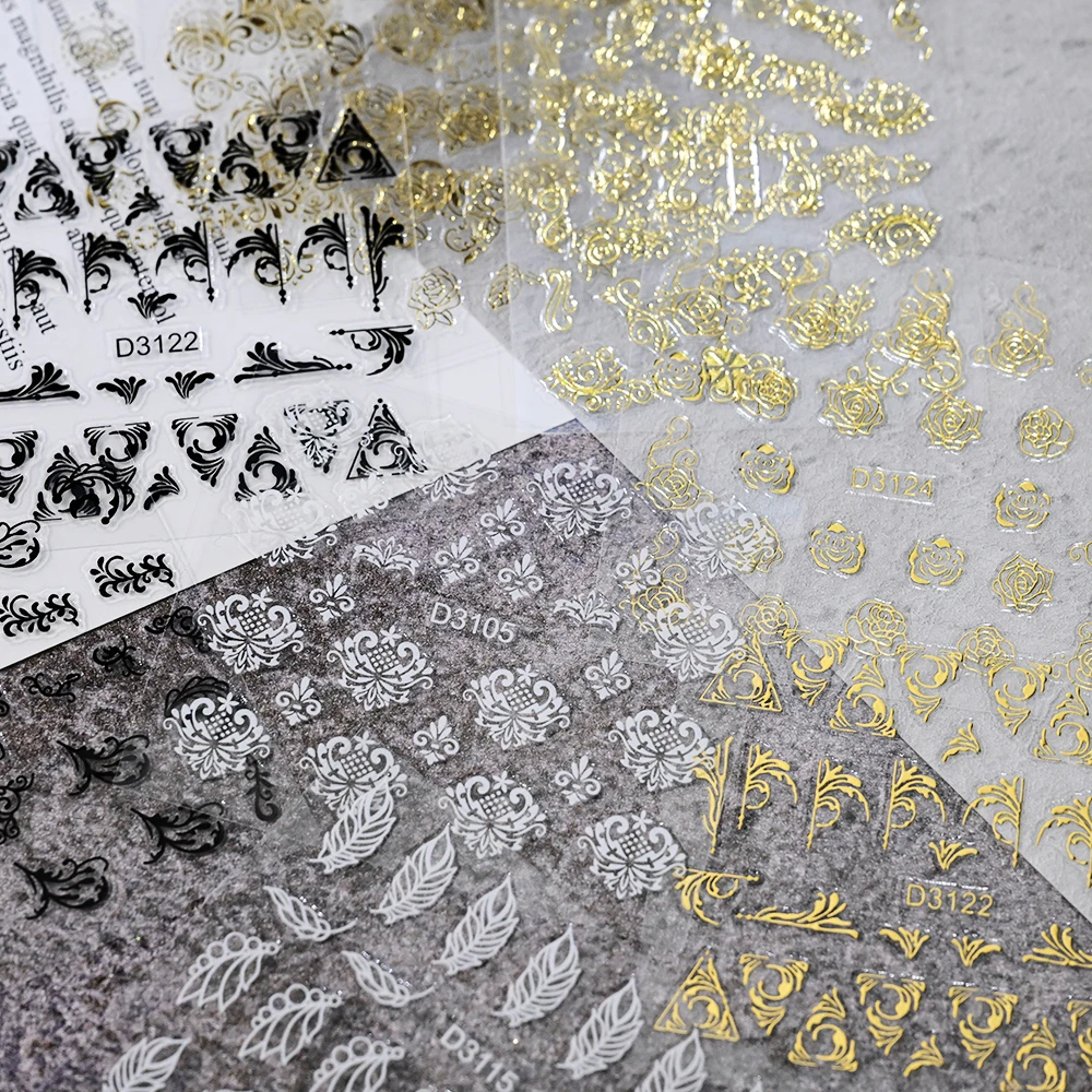 30 Uds. De pegatinas 3D para decoración de uñas con flores/hojas/encaje doradas bronceadas, 5,5x6,2 cm, pegatinas geométricas blancas/plateadas/negras para manicura de boda de lujo