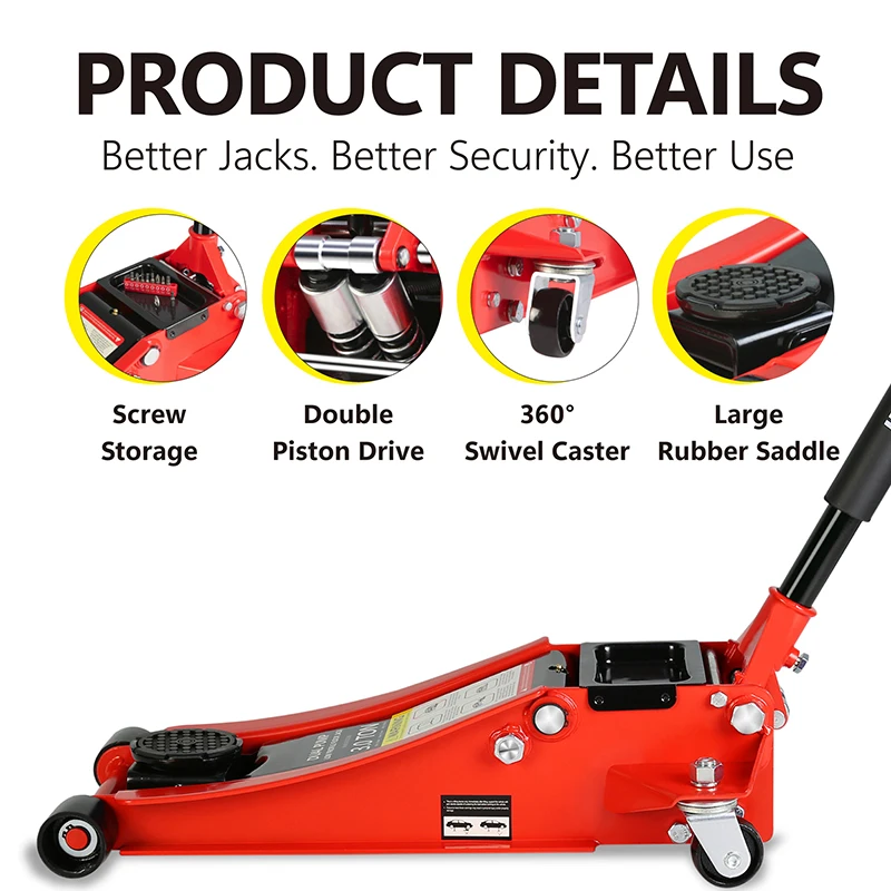 Perfil Baixo Hidráulico Aço Racing Floor Jack, Pistão Duplo, Bomba de Elevação Rápida, 3 Ton, 6600 lb Capacidade, Alcance de Elevação 3.3 "-