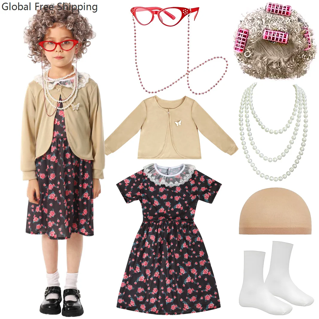 

100-day School Day Grandma Cosplay Wig Suit Halloween Fun Children Girl Stage Performance Costume Party Performance Dress 2025