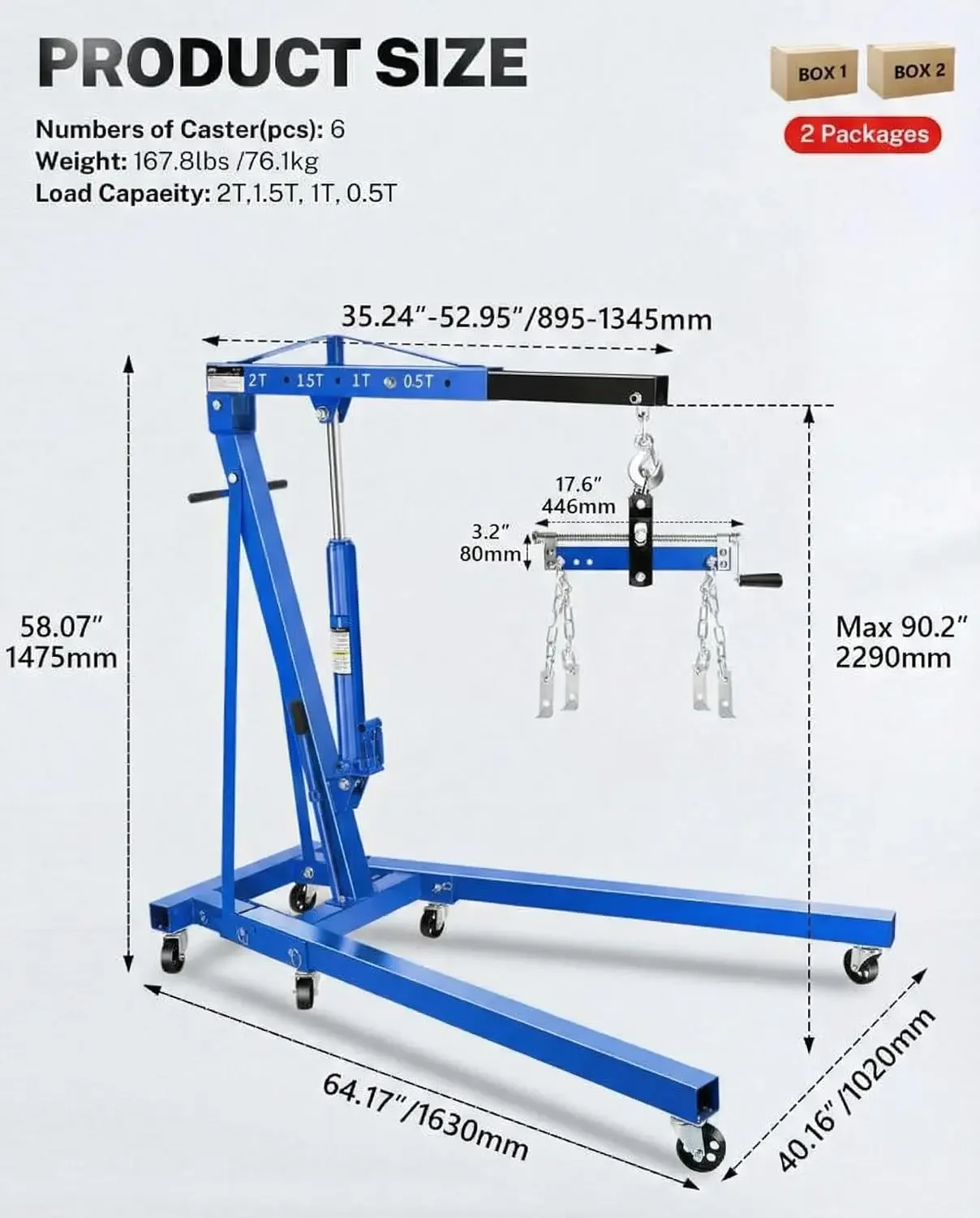 2 Ton Hydraulic Engine Hoist Crane with Lever, Folding Heavy-Duty Cherry Picker with 6 Locking Wheels & 4 Boom Positions