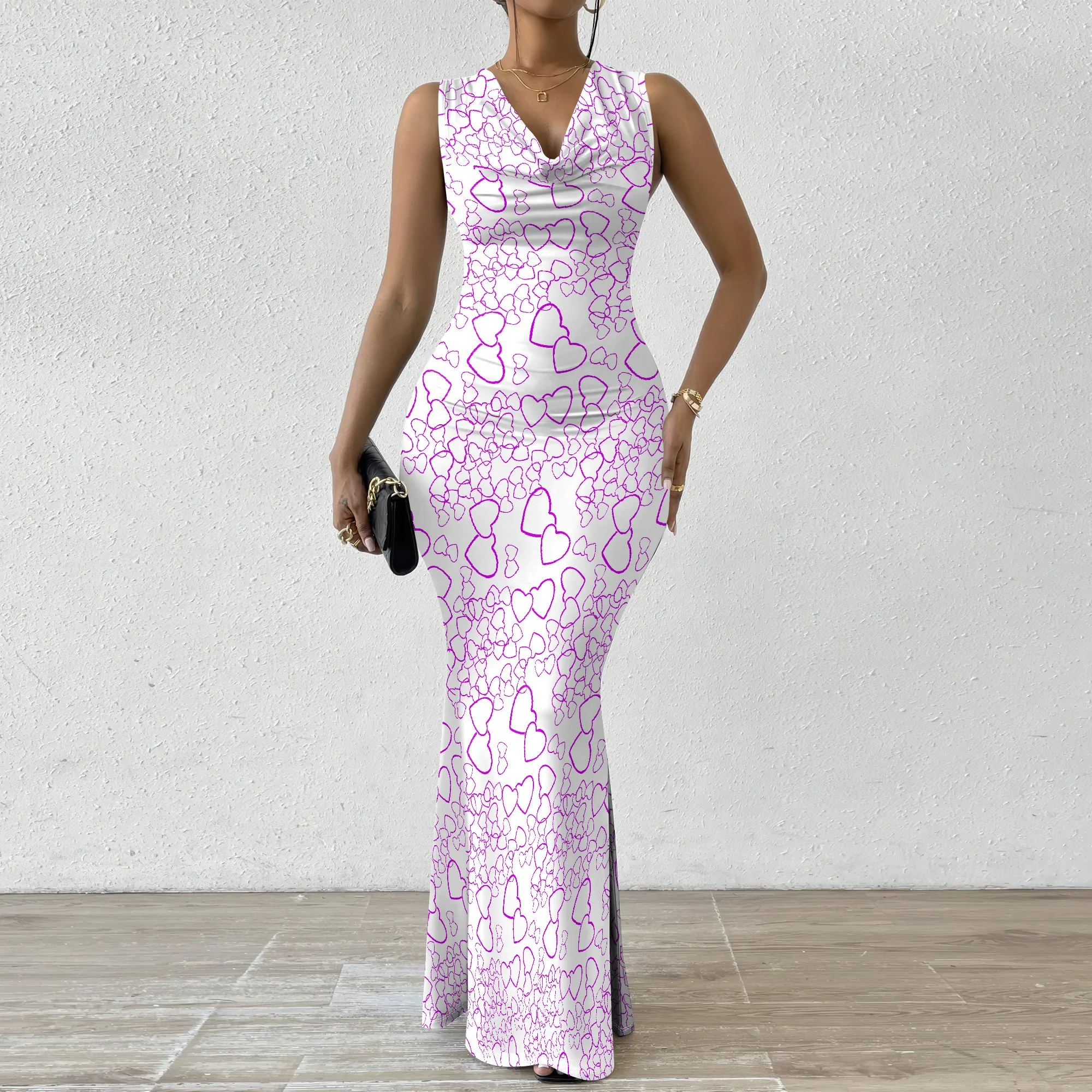 

Women's Mermaid Dress Fitted Cowl Neck Fishtail Dress XS-2XL Love Pattern for Bachelorette Party Girls' Night Out