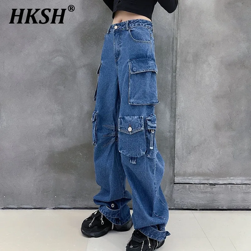 

HKSH Spring Summer New Women Chic Punk Streetwear Multi-Pocket Versatile Wide Leg Jeans Fashion Hip Hop Cargo Denim Pants HK6233