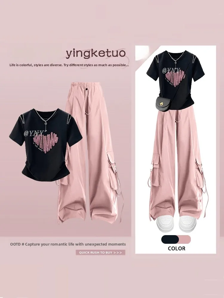 

Sweet Cool Color Collision Heart Print Short Sleeve T-Shirt Women Summer Slimming Wide Leg Pants Casual Loose Two Pieces Set