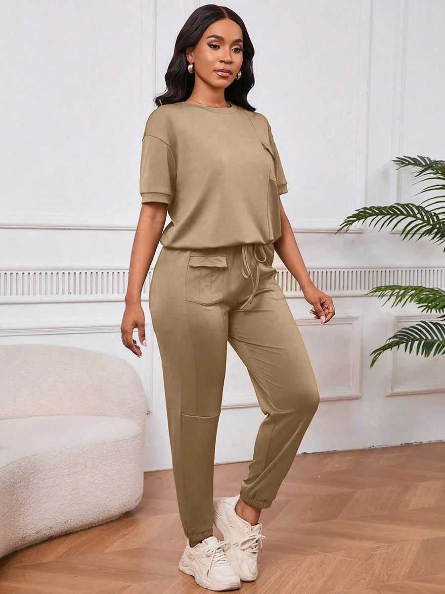 Women's Cargo Two Piece Set Short Sleeve O-Neck T-shirt Top High Waist Elastic Drawstring Jogger Pants Tracksuit Outfits