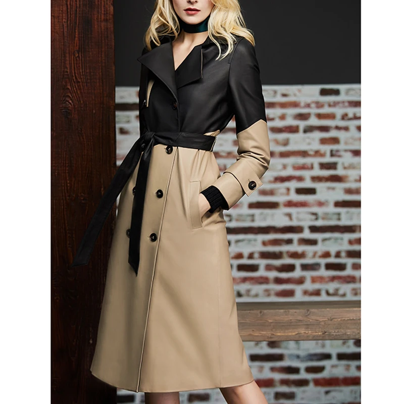 Hoge Luxe Echt Lederen Schapenvacht Vrouwen Lange Trenchcoats Mode Splicing Kleur Dames Veterriem Slanke 100% Lamsleer Jas