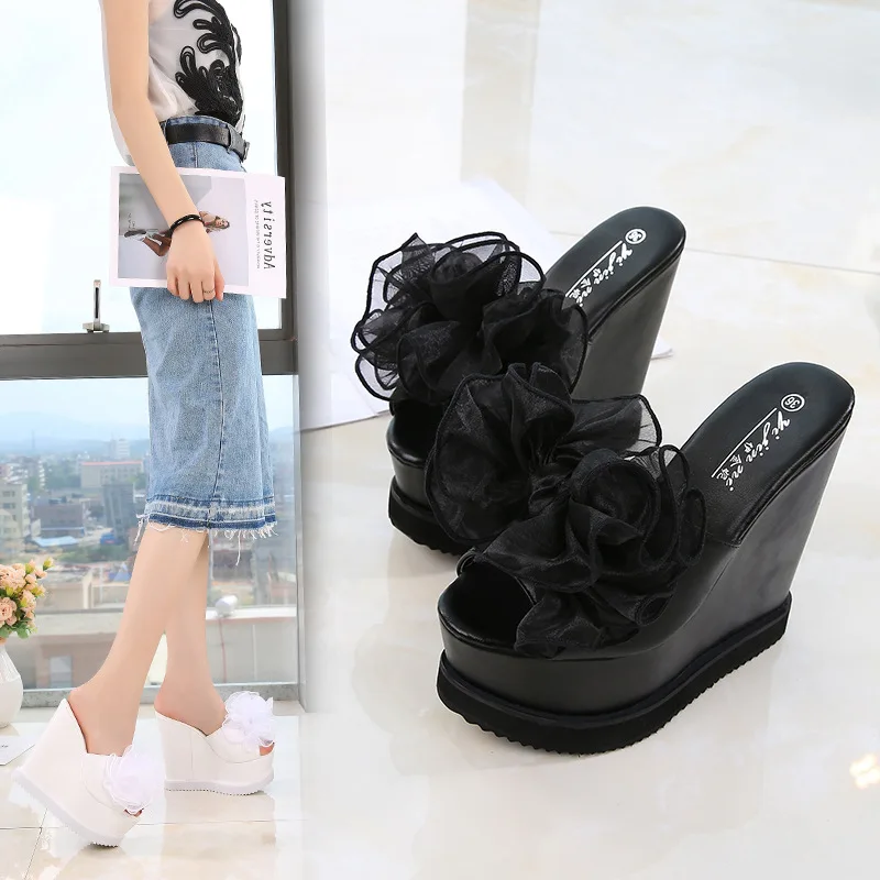 15cm Tall Women's Shoes Stage and Nightclub Catwalk High Heels Spring /summer New Styles of Sponge Slippers Flower Slippers