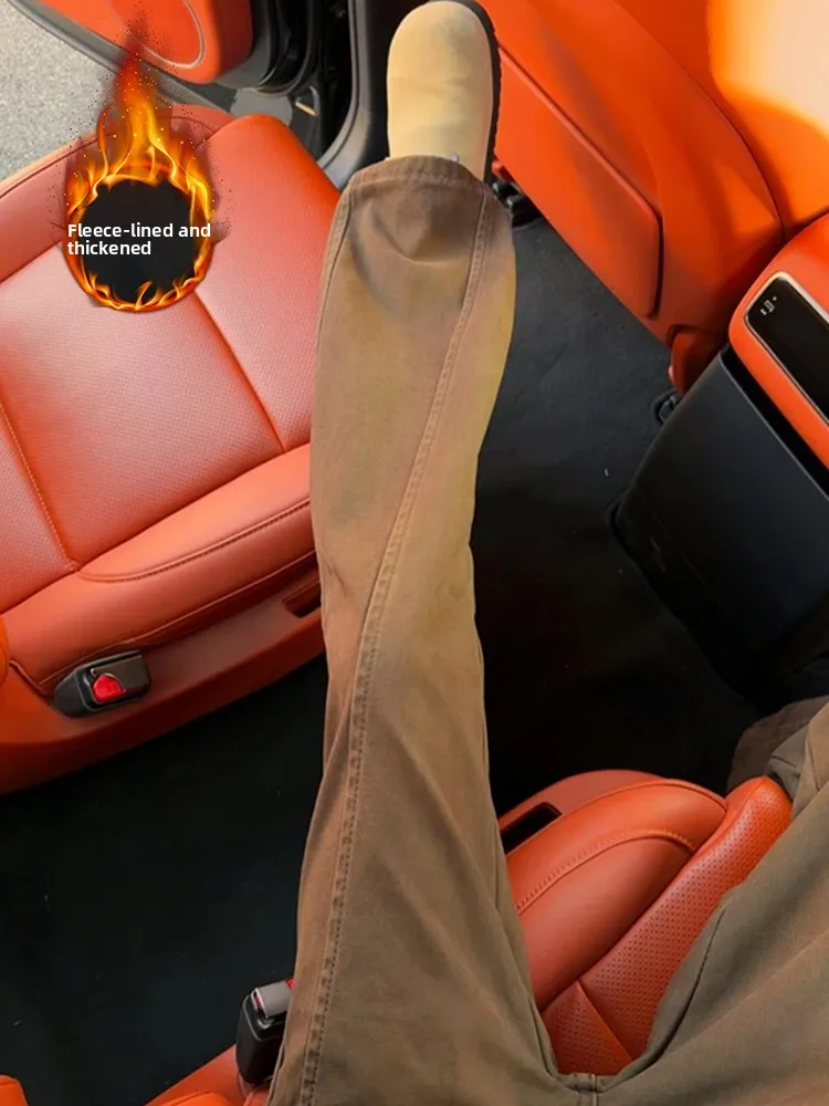 

American Sle Slim Fit Bell Bot Jeans Men's Winter Thiened Fce Straight Cut Workwear Long Trousers Casual Jeans